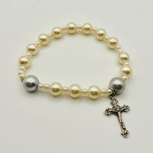 Elegant Pearl and Silver Rosary  Bracelet